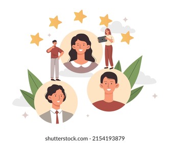 Recruitment or hiring concept. Young HR staff look at resumes and choose new employees for open vacancy. Human resources or search for best candidate. Cartoon contemporary flat vector illustration