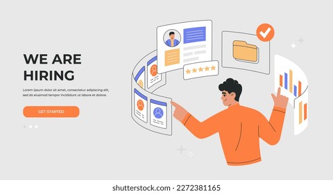 Recruitment, hiring employees concept. Selection the best candidate for job vacancy. CV resume analysis. Landing page template. Vector illustration isolated on light background, flat cartoon style