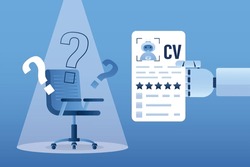 Recruitment, Hiring, New Vacancy. Job Application Questions. Robot Hand Holds Cv Or Resume. Artificial Intelligence Or Bot Replaces People At Work. Office Chair In Spotlight. Flat Vector Illustration