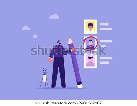 Recruitment hiring process to choose candidate to fit job position concept, HR Human Resources recruiting people in job, businessman with pencil to choose candidate employees