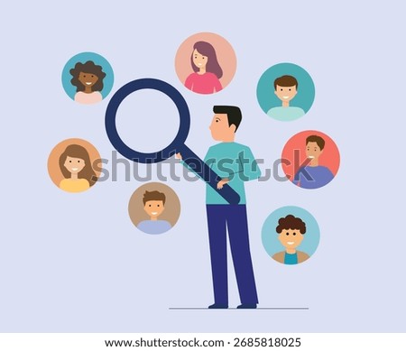 Recruitment and hiring process, employee selection, talent acquisition, HR management, candidate search with magnifying glass, business people