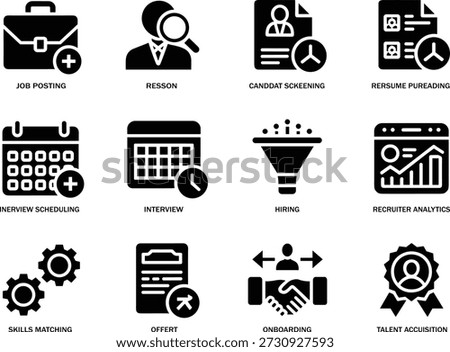 Recruitment and hiring process icons with labels posting briefcase