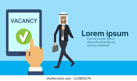 recruitment hold tablet in hands vacancy arab businessman, arabic business man new job position, HR concept with copy space, flat