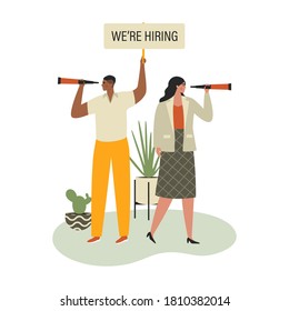 Recruitment, hr, hiring concept. Job vacancy advertisement. Human Resources managers looking for the best candidate to join a team. Isolated flat vector illustration with characters