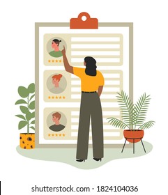 Recruitment, hr, hiring concept. Recruiter analyzing resume and choosing among job applicants. Human resources manager reading cv, searching for an employee. Flat vector illustration