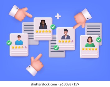 Recrutamento. Computador do Gerente de RH com CVs do Candidato na Tela Escolhendo Novo Trabalhador. Ilustrações de vetor da Web 3D.