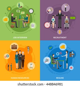 Recruitment HR People 2x2 Flat Icons Set With Job Interview And Resume Isolated Vector Illustration