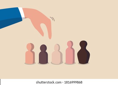 Recruitment and human resources, diversify teamwork, job opportunity or employee choosing or hiring person concept, corporate businessman hand choosing candidate with various skin color person dolls.