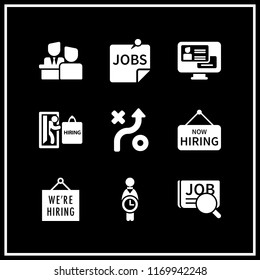 recruitment icon. 9 recruitment vector set. hiring, hiring sign, employment screen and worker on time for job symbol icons for web and design about recruitment theme