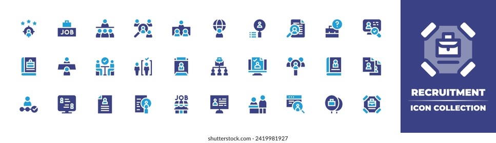 Recruitment icon collection. Duotone color. Vector and transparent illustration. Containing recruitment, cv, job fair, international job, meeting, interview, candidate, online recruitment, candidates.