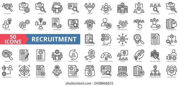 Conjunto de recopilación de iconos de reclutamiento. Contiene búsqueda de empleo, entrevista, feria de empleo, selección, lista corta, icono de empleado. Vector de línea simple