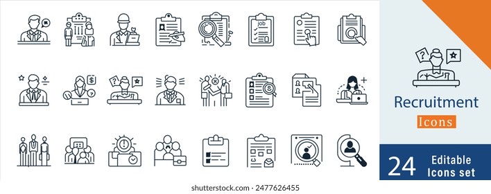 Recruitment icon collection set. Containing job search, interview, job fair, screening, short listed, employee icon. Simple line vector