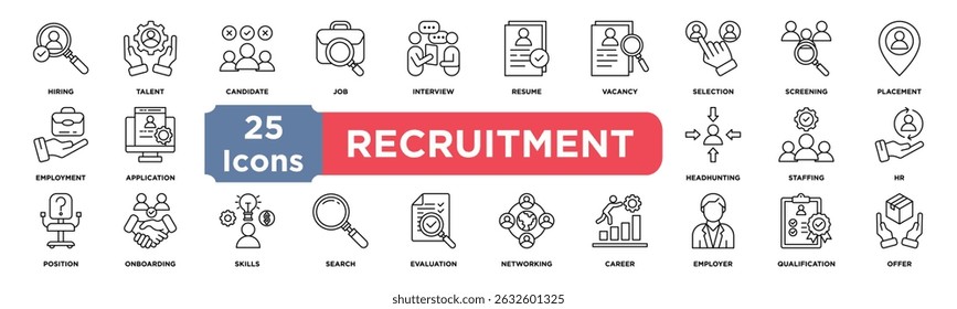 Recruitment icon collection set. Containing hiring,talent,candidates,job,interview,resume,vacancy,selection,screening,placement icon. Simple line vector.