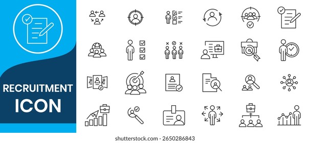 Conjunto de coleta de ícone de recrutamento. Contendo pesquisa de emprego, entrevista, feira de emprego, triagem, na lista curta, ícone do funcionário. Vetor plano simples