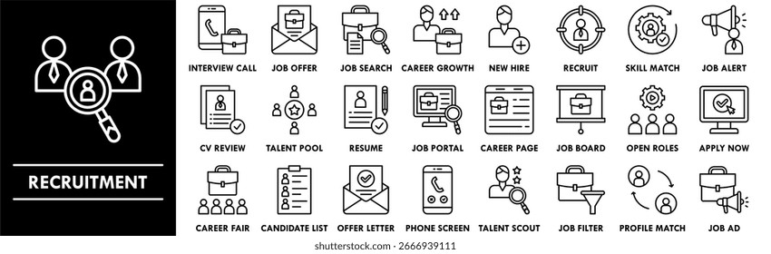 Recruitment icon collection set. Containing design business, recruitment, employee, job, office, person