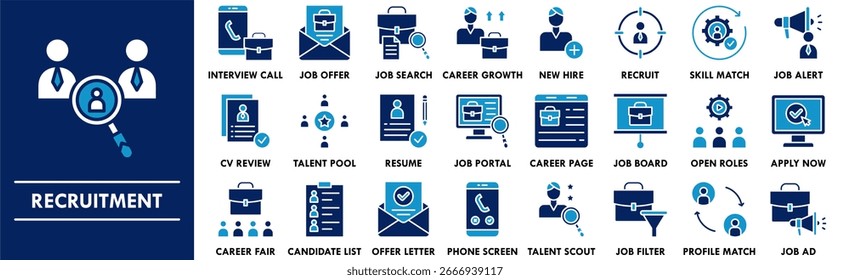 Conjunto de coleta de ícone de recrutamento. Contendo negócios de design, recrutamento, funcionário, cargo, escritório, pessoa