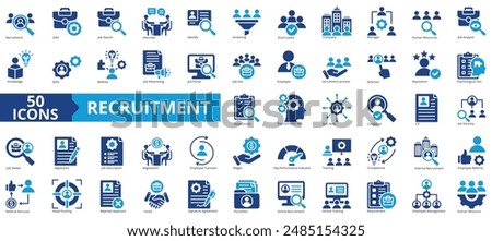 Recruitment icon collection set. Containing job search, interview, job fair, screening, short listed, employee icon. Simple flat vector