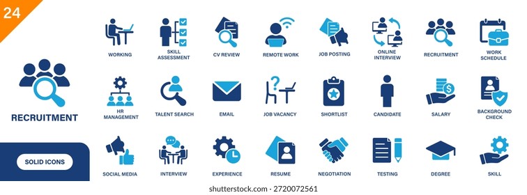 Icono de reclutamiento. Incluyendo entrevista, vacante de trabajo, evaluación de habilidades, CRM, grado, salario. Conjunto de iconos de Vector sólido.