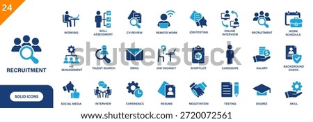 Recruitment icon. Including interview, job vacancy, skill assessment, CRM, degree, salary. Solid vector icon set.