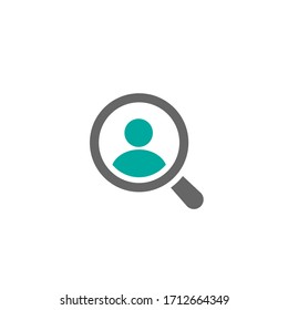 Recruitment icon. Magnifier with human  isolated on white. Magnifying glass icon. Find people, human research. Vector illustration. know your customer icon flat pictogram.