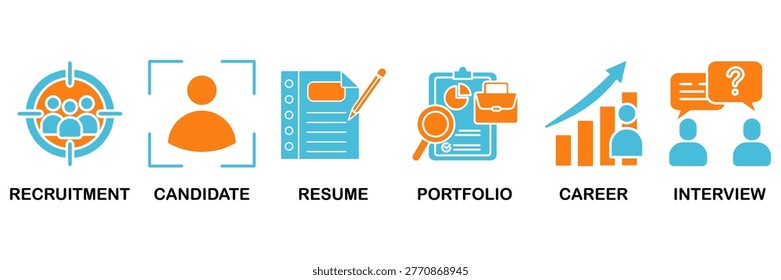 Recruitment icon set Aqua Orange Flat Design, Vector Illustration concept relate to icon of headhunting, candidate, resume, portfolio, career, interview