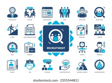 Recruitment icon set. Career, Human Resources, Staff, Vacancy, Candidate, Interview, Contract, Headhunting. Duotone color solid icons