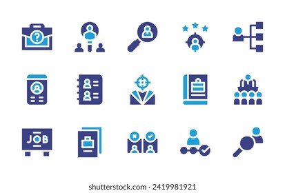 Recruitment icon set. Duotone color. Vector illustration. Containing human resources, job hunting, job, candidate, book, open enrollment, job fair, selection process, check list, selection, research.