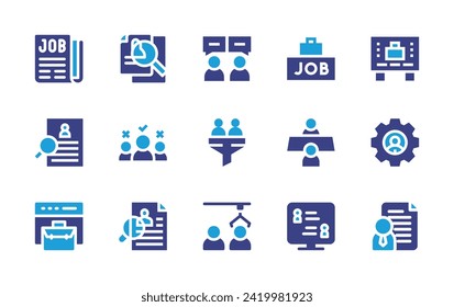 Recruitment icon set. Duotone color. Vector illustration. Containing cv, job fair, newspaper, candidate, meeting, recruitment, candidates, business, interview, selection, funnel, gear.