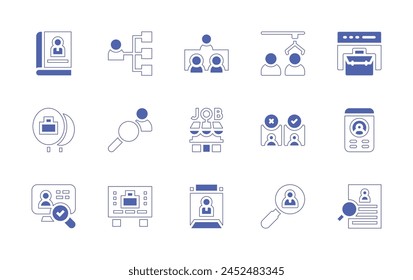 Recruitment icon set. Duotone style line stroke and bold. Vector illustration. Containing cv, interview, envelope, book, job fair, balloons, candidate, check list, selection, research.
