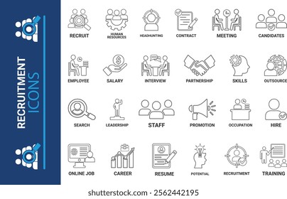 Recruitment icon set. Headhunting, career, resume, job hiring, candidate and human resource icons. Solid icon collection.