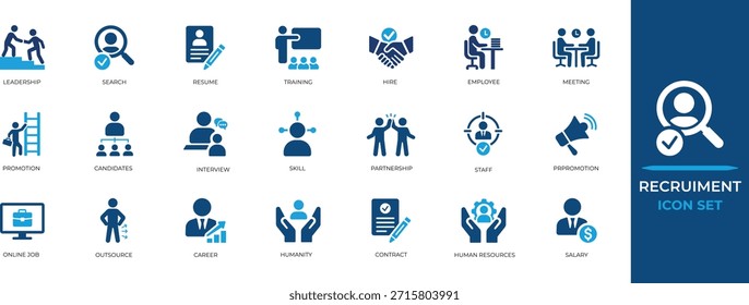 Ícone de recrutamento definido com contratação, entrevista, recursos humanos, cargo, liderança, gerenciar, símbolos de seleção de candidatos para plataformas corporativas, de pessoal, de carreira.