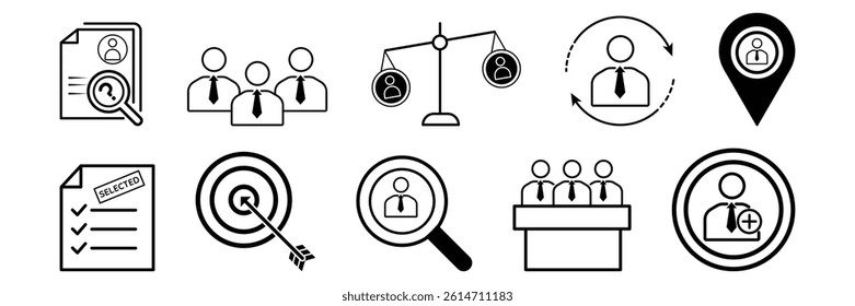 Recruitment icon set. Interviewer, examiner, document, target, aspirants, approval list sign collection vector illustration.