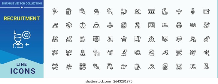 Recruitment icon set. Minimalist icons collection. Job simple icon set. Contains outline symbols like sourcing, employment, career, hiring, headhunting and more.