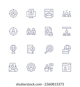 Recruitment icon set. Thin line icon. Editable stroke. Containing business, candidate, employment, headhunting, hire, human resources, international job, international recruitment, job interview.