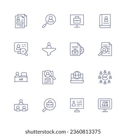 Juego de iconos de contratación. Icono de línea delgada. Trazo editable. Conteniendo al solicitante, libro, computadora, cv, filtro, contratación, hr, recursos humanos, contratación internacional, entrevista, feria de trabajo, búsqueda de empleo.