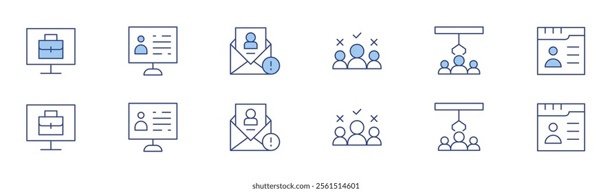 Recruitment icon set in two styles, Duotone and Thin Line style. Editable stroke. computer, online recruitment, candidate, hire, letter.