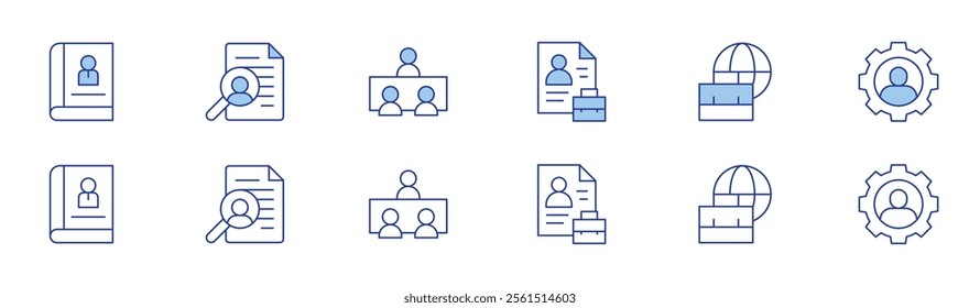 Recruitment icon set in two styles, Duotone and Thin Line style. Editable stroke. book, cv, interview, employment, international recruitment, user.