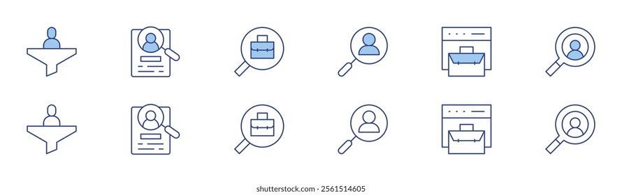 Recruitment icon set in two styles, Duotone and Thin Line style. Editable stroke. filter, human resources, job search, recruitment, business.