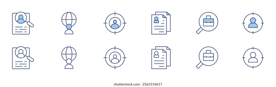 Recruitment icon set in two styles, Duotone and Thin Line style. Editable stroke. applicant, human resources, job search, headhunting, international job, talent search.