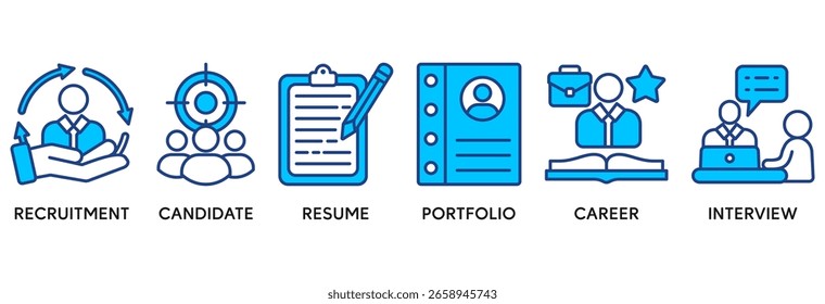 Concepto de Ilustración vectorial de conjunto de iconos de reclutamiento relacionado con headhunting, candidata, currículum, Cartera, carrera, entrevista