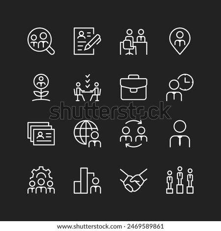 Recruitment icon set, white lines on black background. Professional hiring, finding top employees, candidate selection for successful teams and businesses. Customizable line thickness