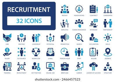 Recruitment icons collection. Searching for and attracting employees and staff. Human resource, headhunting, career, resume, job hiring. Simple flat vector icon.