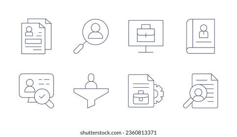 Einstellungs-Symbole. bearbeitbarer Strich. Enthält Bewerber, Buch, Computer, cv, Filter, Einstellungen, Rekrutierung.