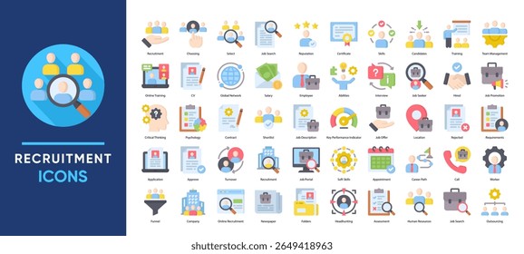 Coleção de conjuntos de ícones de recrutamento. Incluindo pesquisa de emprego, processo de contratação, CV, entrevistas e gerenciamento de funcionários. Perfeito para projetos de design relacionados a contratação, carreira e RH.