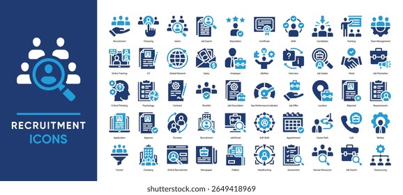 Coleção de conjuntos de ícones de recrutamento. Incluindo pesquisa de emprego, processo de contratação, CV, entrevistas e gerenciamento de funcionários. Perfeito para projetos de design relacionados a contratação, carreira e RH.