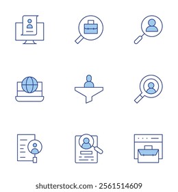 Recruitment icons set. Line Duotone style, editable stroke. filter, human resources, international recruitment, job search, recruitment, business, online recruitment.