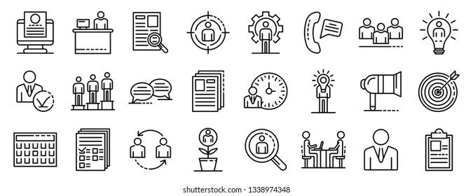 Recruitment icons set. Outline set of recruitment vector icons for web design isolated on white background