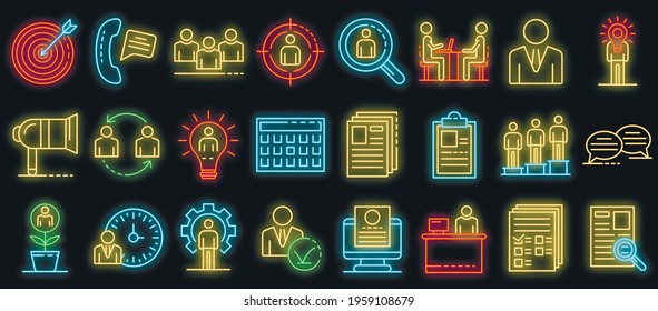 Recruitment icons set. Outline set of recruitment vector icons neon color on black