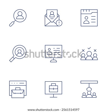 Recruitment icons set. Thin Line style, editable stroke. computer, online recruitment, recruitment, business, candidate, hire, human resources, letter.