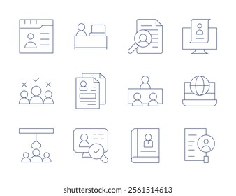 Recruitment icons. Thin Line style, editable stroke. applicant, book, cv, hr, international recruitment, interview, candidate, hire, online recruitment, recruitment.